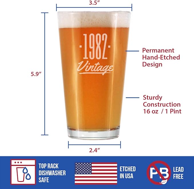 Vintage 1982 Pint Glass for Beer - 43rd Birthday Gifts for Men or Women Turning 43 - Fun Bday Party Decor - 16 oz