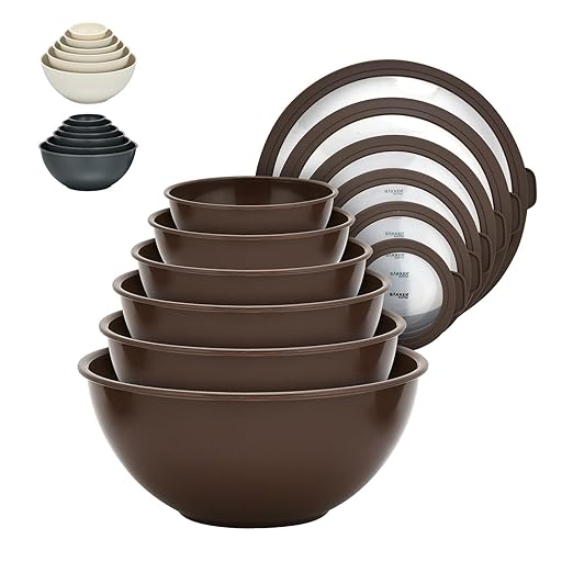 12 Piece Plastic Nesting Bowls with Lids - Mixing Bowls Set includes 6 Prep Bowls and 6 Lids, BPA-Free, Reusable Meal Prep Containers, Microwave, Freezer & Dishwasher Safe, Brown