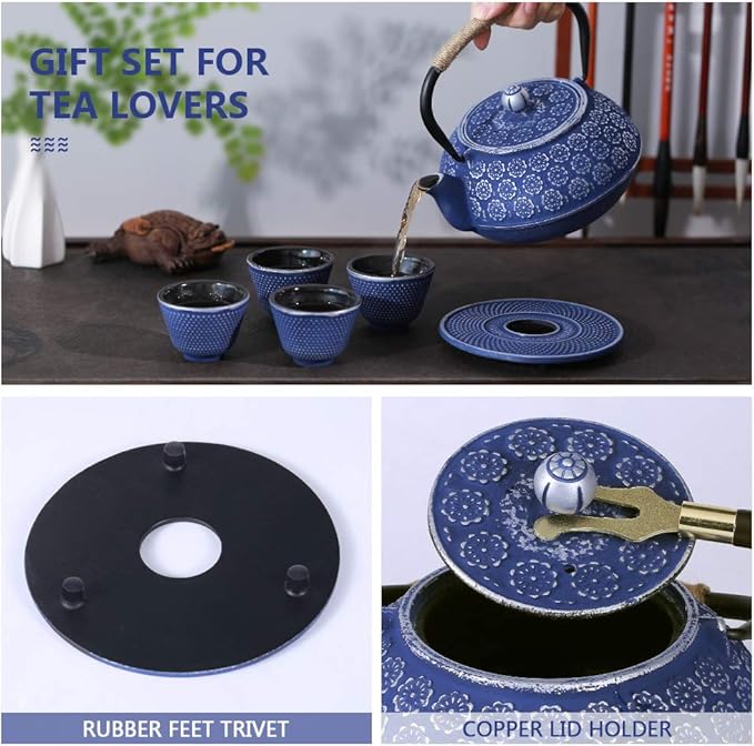 Ufine Blue Floral Cast Iron Teapot Set Japanese Style Tetsubin Tea Kettle with 4 Cups, Stainless Steel Infuser for Stove Top Tea Brewing 28 oz