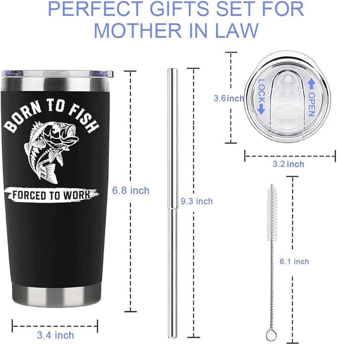 Fishing Gifts For Men Gifts for Fathers Day 20oz Black Born To Fish Forced to Work Travel Tumbler Birthday Christmas Presents For Grandpa Dad Uncle Boyfriend Fishing Lover Travel Cup With Lid Straw