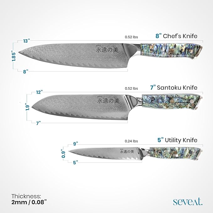 Damascus Kitchen Knife Set, 67-Layer Damascus Steel, Professional Chef Knives Set for Kitchen, Ergonomic Wood & Resin Handle (Blue, 3 pieces with Shell Handle)