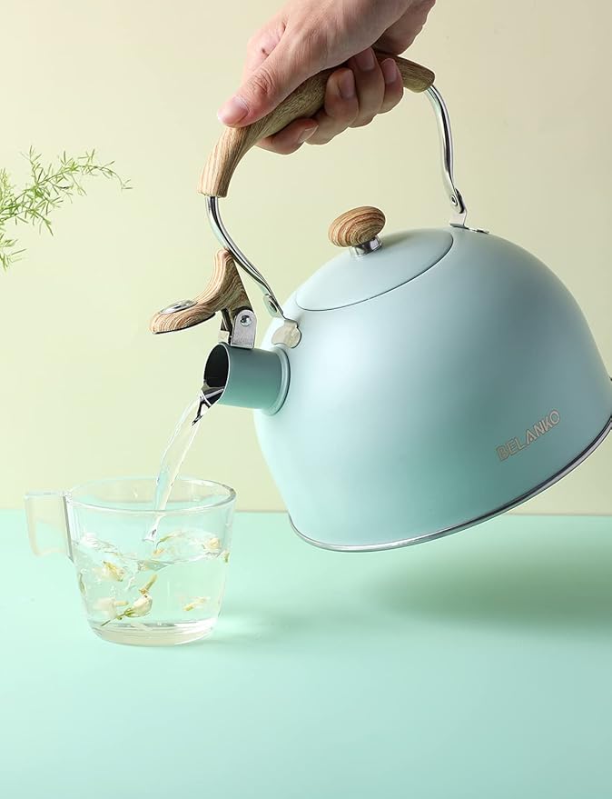 Tea Kettle, BELANKO 85 OZ / 2.5 Liter Whistling Tea Kettle, Tea Pots for Stove Top Food Grade Stainless Steel with Wood Pattern Folding Handle, Loud Whistle Kettle for Tea, Coffee, Milk - Turquoise