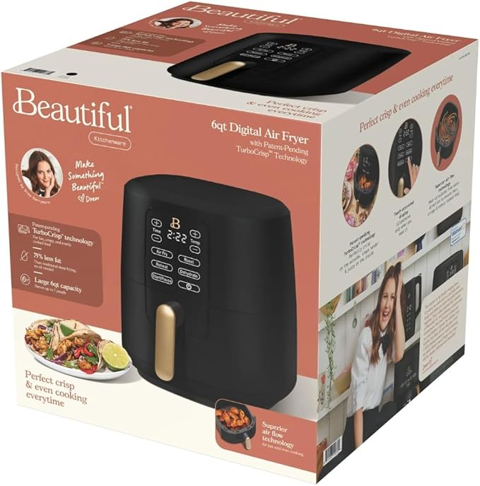 Beautiful by Drew Barrymore 6-Quart Digital Air Fryer, TurboCrisp Technology, Touch-Activated Display, 1750W, 90–400°F, Dishwasher-Safe Basket (BLACK SESAME)