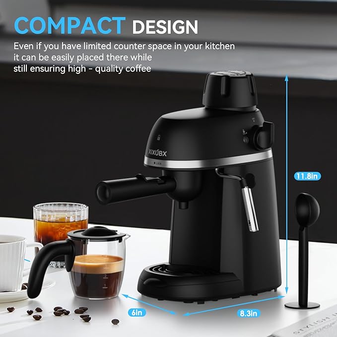 Coffee Machine, 3.5 Bar Espresso & Cappuccino Machine with Steam Wand, Compact Design Coffee Maker for Latte, Safety Lock & Tritan Cups, 800w, Black