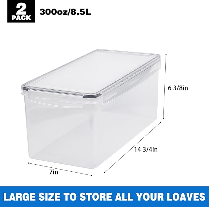 Tiawudi 2 Pack Bread Box, Plastic Bread Container, Large Sandwich Holder, Bread Storage Container for Kitchen Counter, Bread Keeper with Airtight Lid, Bread Saver, 9 Qt / 8.5L Each