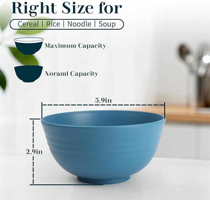 Wheat Straw Bowls Set of 8, Unbreakable Cereal Bowl 26 OZ, Microwave and Dishwasher Safe Soup Bowl for Ramen, Salad, Oatmeal, Rice, Reusable Plastic Bowls for Kitchen, Camping- Multi