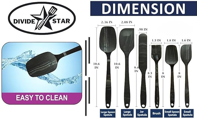 Premium Silicone Marbled Spatula Set of 6 – 446°F Heat-Resistant One-Piece Steel Core, Non-Stick Kitchen Tools for Baking, Cooking & Mixing – Dishwasher Safe (Black)