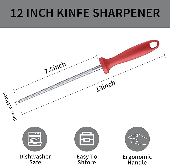 Knife Sharpener Rod, Kitchen Knives Sharpener Carbon Steel Professional Knife Sharpening Steel, Red Diamond Honing Rod with Hanging Holes (13 inches)