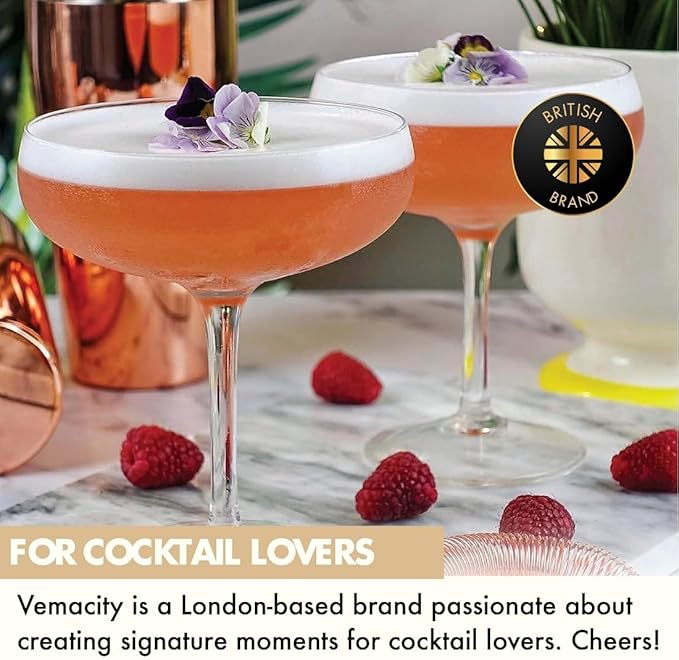 VEMACITY - Elegant Handblown Coupe Cocktail Glasses Set of 2 (10oz) - Crystal Espresso Martini Glasses, Champagne Saucers - Vintage Glassware | Wedding Gift | Ideal for Christmas & New Years