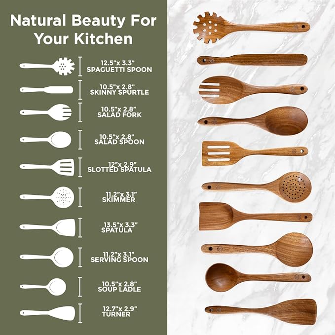 Premium Teak Wooden Cooking Utensils Set, 10+1 Piece Nonstick-Safe Kitchen Utensil Set with Silicone Mat, Heat-Resistant Non-Toxic Wood Spoons & Spurtle for Cooking