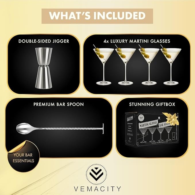 VEMACITY - Ribbed Martini Glasses Set of 4 | Silver Bar Tools - 8oz Coupe Cocktail Glasses | Espresso Martini, Margarita, Manhattan, Cosmopolitan - Art Deco Cocktail Gift Set | Ideal for Christmas