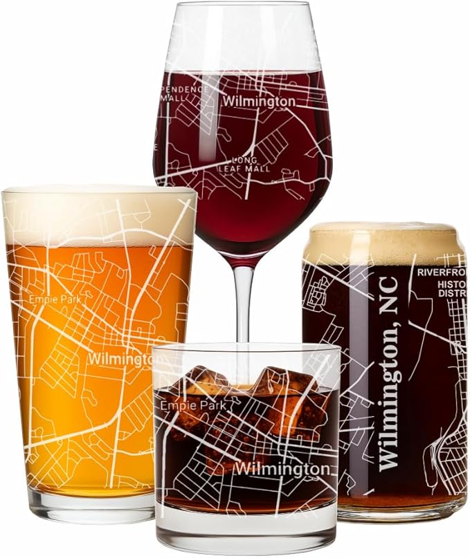 Blue Ridge Mountain Gifts - Wilmington Souvenir - North Carolina Glassware Gift, Etched City Map, Laser Engraved and Dishwasher Safe