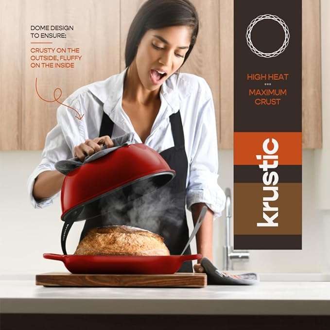 Enameled Cast Iron Dutch Oven for Professional Sourdough Bread Baking | 5.5 Quart Loaf Size Oval Cookware Pot with Lid | Triple-Layer Enamel Coating Pan with Non Stick Silicone Mat |Red