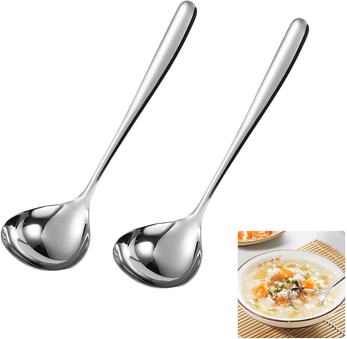 Stainless Steel Soup Ladle Set of 2 (8 x 2.5), Small Gravy Sauce Ladles with Deep Bowl, Professional Chinese Soup Spoons, Dishwasher Safe Kitchen Utensils for Cooking, Serving, Restaurant (SUS304)