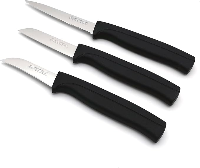 Paring Knife Set, MATTSTONE HILL Kitchen Knife Set - 4" Serrated Utility, 3" Fruit and Vegetable Knife, 2.5" Peeling Knife, Premium Stainless Steel, Semi Soft Handle, Black