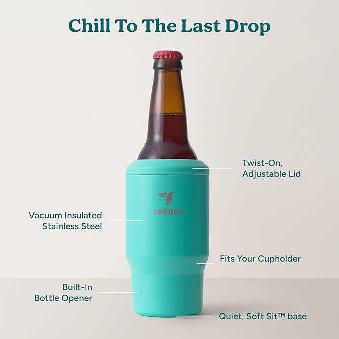 Reduce 4-in-1 Drink Cooler - Versatile Can & Bottle Holder with Vacuum Insulation - Keeps Drinks Cold Up to 4 Hours - Includes Bottle Opener - Fits Cupholders & Dishwasher Safe - 14oz - Ocean Breeze