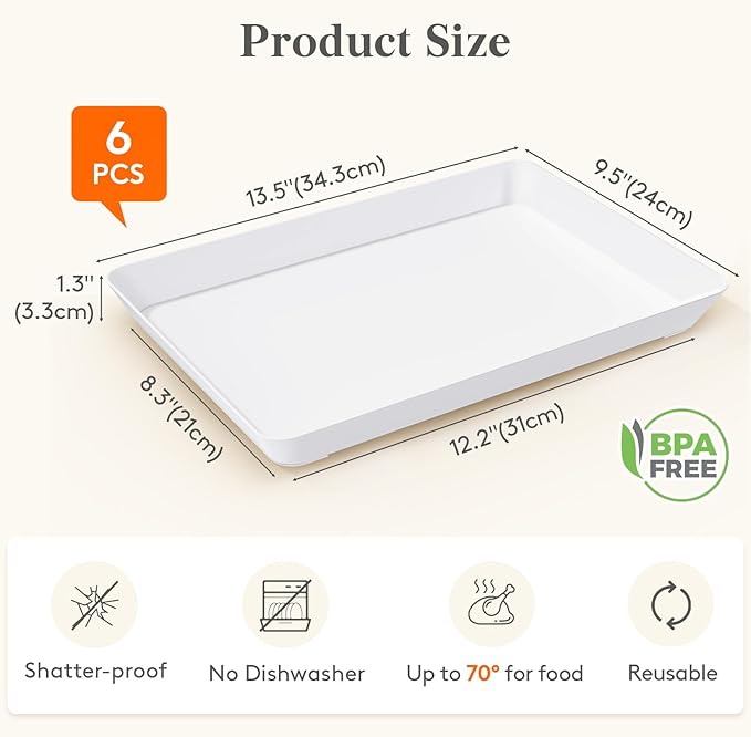 Lifewit Plastic Serving Tray for Party Supplies, 6 Pcs White Trays for Serving Food, Reusable Platter for Buffet, Fruit, Charcuterie, Snack, Rectangle, Holiday Christmas Essentials, BPA Free