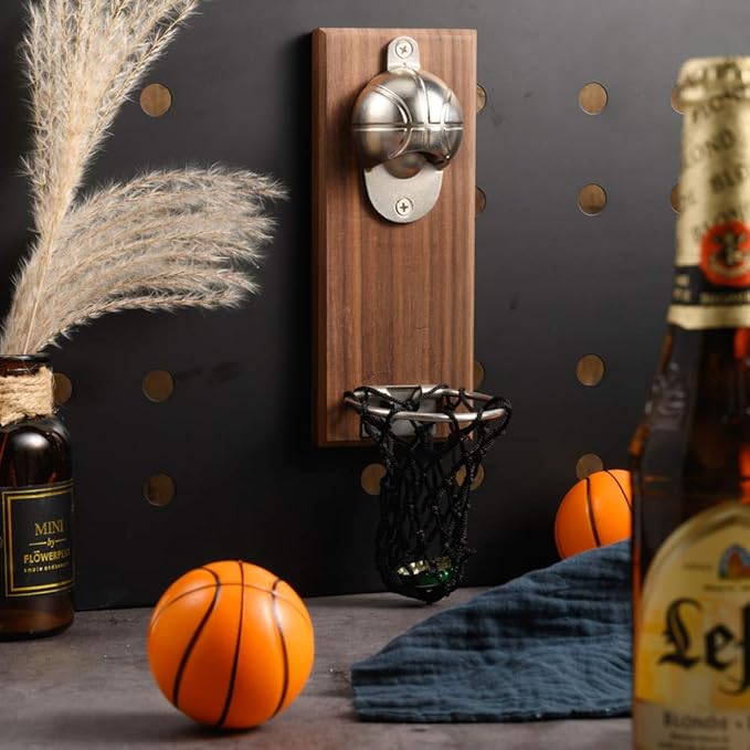 Magnetic Basketball Bottle Opener, Wooden Wall Mounted Opener with Cap Collector Catcher, Ideal Gift for Basketball and Beer Lovers, Use as Kitchen-Yard-Bar Decoration