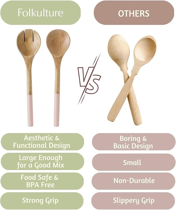 Folkulture Salad Servers or Salad Tongs, Wooden Utensils for Serving Salad, Salad Forks or Salad Tongs for Serving, Salad Sling, 12-inch Spoon and Fork Set, Mango Wood, Pink