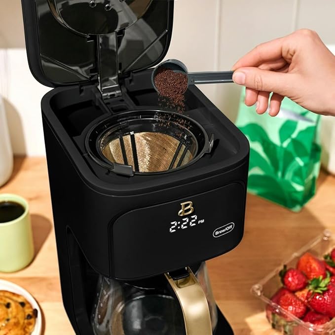Beautiful 12-Cup Programmable Coffee Maker by Drew Barrymore, Touch-Activated Display, Auto Brew 24hr Timer, Regular/Gourmet/Bold Strength Options, Auto Clean & Keep Warm – Matte Finish (Black Sesame)