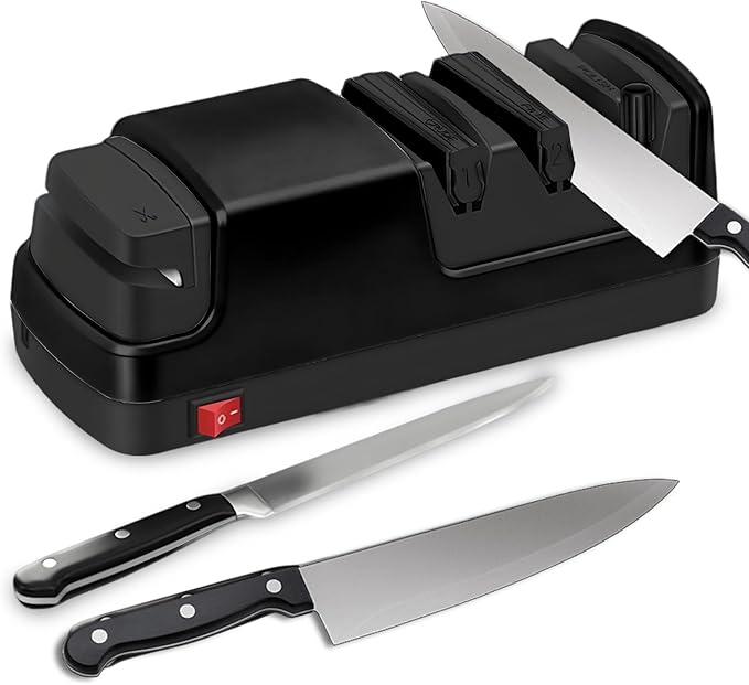 Professional Electric Knife Sharpener – Precision Sharpening for Kitchen Knives, Scissors & More – Diamond Abrasives & 3-Stage System (Black)