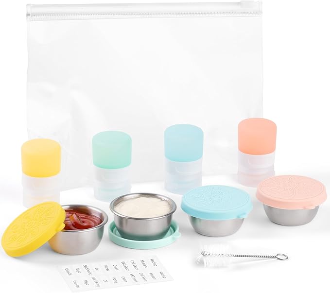 8-Pack Salad Dressing Container To Go, 1-oz Silicone Small Condiment Squeeze Bottles and 1.6 oz Stainless Steel Sauce Containers Cups, Leakproof Condiment Containers with Lids for Lunch Box