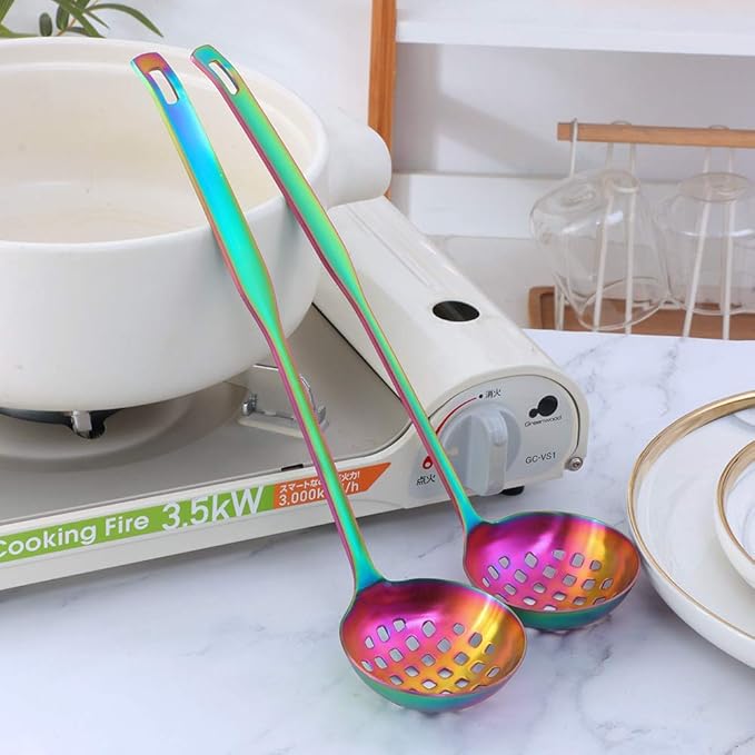 Buyer Star 2 Pcs Soup Ladle Colander, Rainbow Cookware Serving Long Handle Steel Slotted Spoon Cooking Utensil Set for Hotpot