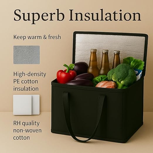 2-Pack, XL-Large Insulated Grocery Shopping Bags, Black, Reusable Bag,Thermal Zipper,Collapsible,Tote,Cooler,Food Transport hot and Cold,Camping, delivery Groceries Freezer