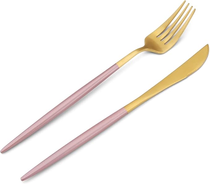 Matte Gold Silverware Set with pink handle, Bysta 20-Piece Stainless Steel Flatware Set, Kitchen Utensil Set Service for 4, Tableware Cutlery Set for Home and Restaurant, Satin Finish, Dishwasher Safe