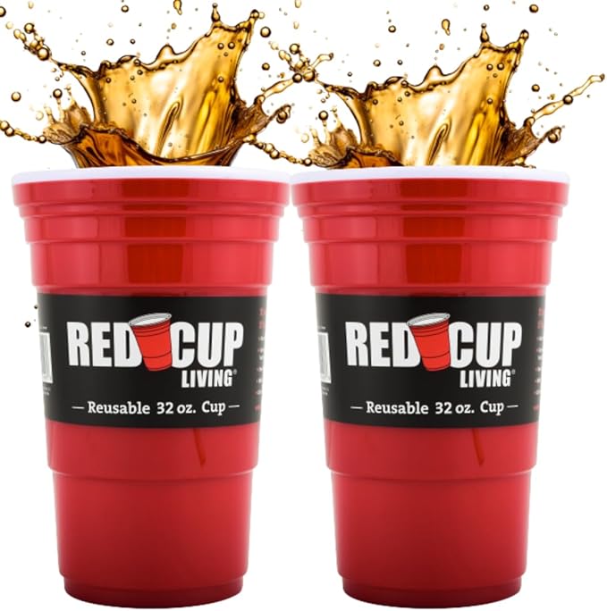 Red Cup Living 32Oz Tumbler Cup Pack of 2, Insulated Reusable Plastic Drinking Glass for Hot & Cold Drinks, Beer Stein, Travel Mug, Party Cup, Holiday Gift, Christmas Decor Thanksgiving Gift Hamper