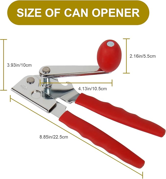 Commercial Can Opener, Stainless Steel Heavy Duty Manual Hand Crank Can Opener, with Comfortable Ergonomic Design Extra-long Handles, Large Handheld Smooth Can Open Easy for Big Cans, Red