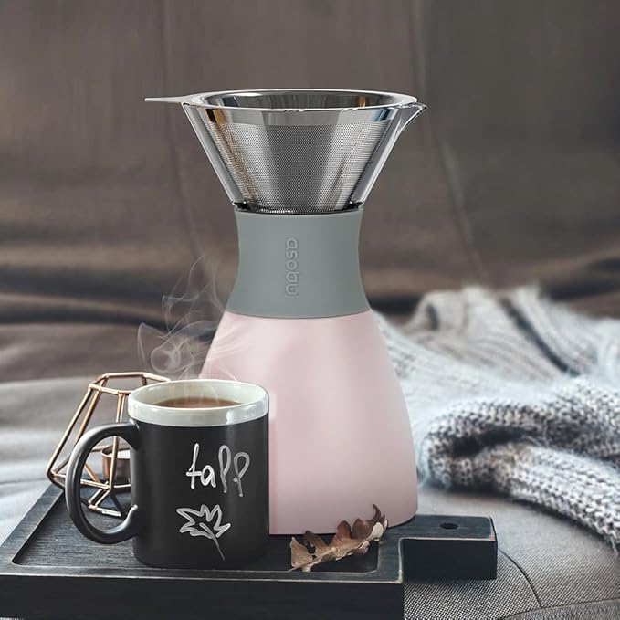 asobu Insulated Pour Over Coffee Maker (32 oz.) Double-Wall Vacuum, Stainless-Steel Filter and Take on the Go Carafe (Powdered Pink)