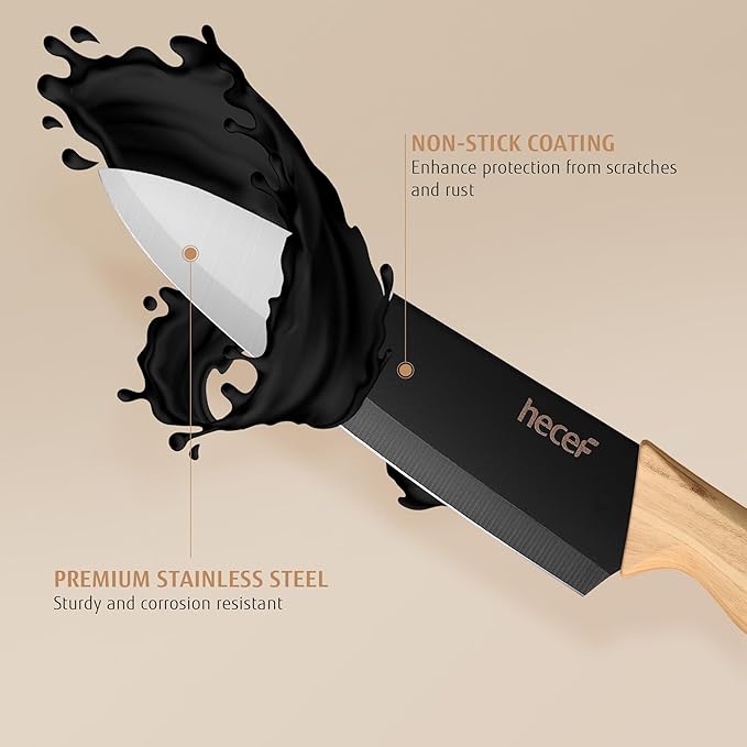 hecef Vintage Kitchen Knife Set of 6, Dishwasher Safe, Sharp Knives with Stainless Steel Blade, Lightweight Handle, Non-stick Coating Set Includes 7", 5", 3.5" Knives