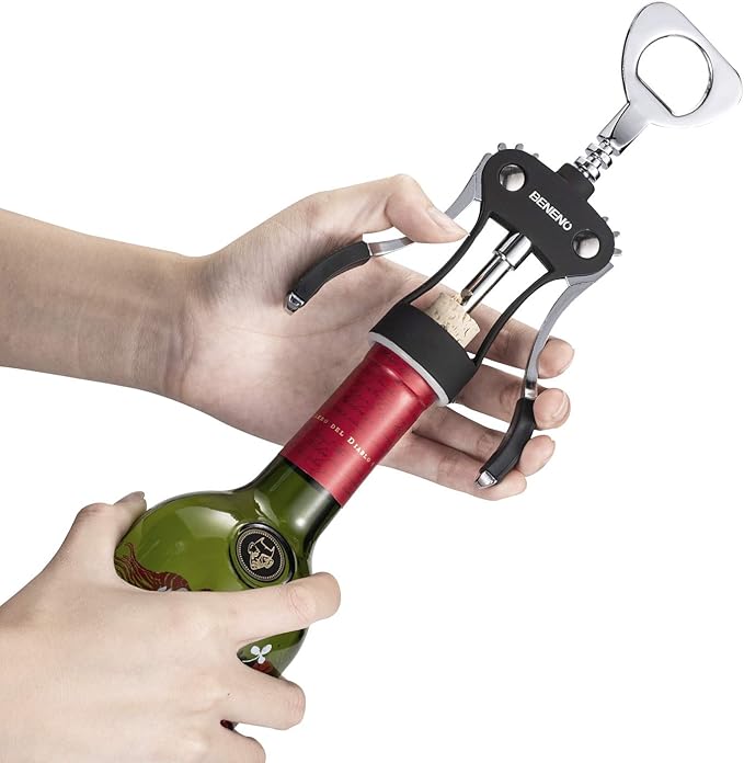 Beneno Wine Opener with Stainless Steel Wine Foil Cutter - Bottle Top Seal Cutter, Zinc Alloy Premium Wing Corkscrew with Multifunctional Bottles Opener, Upgrade Black Set