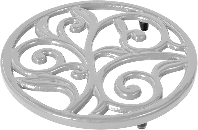 JOGREFUL Cast Iron Trivet Mats, Kitchen Pot Holders to Portect Table/Countertops, Heat Resistant Mats for Teapot/Hot Dishers/Plates, Vintage Mats with Weighted-Base, Vine Pattern, Gray
