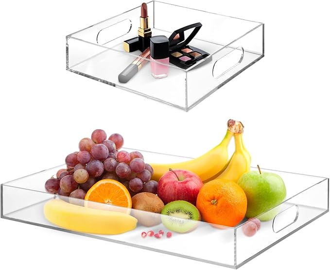 2-Pack Acrylic Trays, Clear Serving Trays with Handles 15.4x11.4" & 7.9x7.9", Decorative Vanity Trays for Bathroom, Countertop, Food Display, Smooth Edge Drawer Organizers