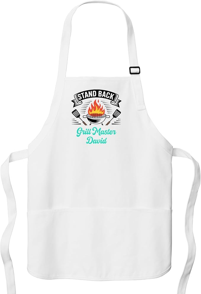 Personalized Medium Length Cooking & Grill Apron – Stand Back Design with Custom Text (1-2 Lines)