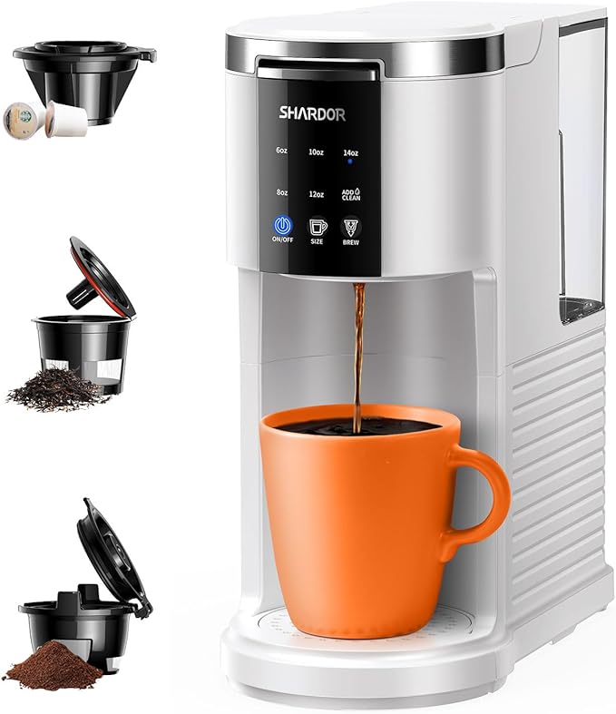 SHARDOR 3 in 1 K Cup Coffee Maker, Single Serve Coffee Maker for K Cup Pods & Ground Coffee & Teas, 6 to 14oz Brew Sizes, 40oz Detachable Water Reservoir, Compact Design, White