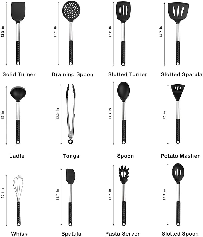 Rorence Silicone Cooking Utensil Set: 12 Pieces Kitchen Utensils Non-Stick & Heat Resistance Silicon And Stainless Steel Handles - Black