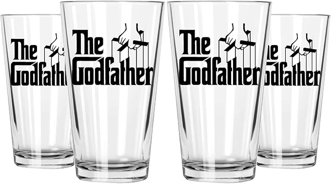 The Godfather Printed Pint Beer Glass - Officially Licensed, Premium Quality, Handcrafted Glassware, 16oz. Set of 4 - Perfect Collectible Gift for Movie Enthusiasts & Special Occasions