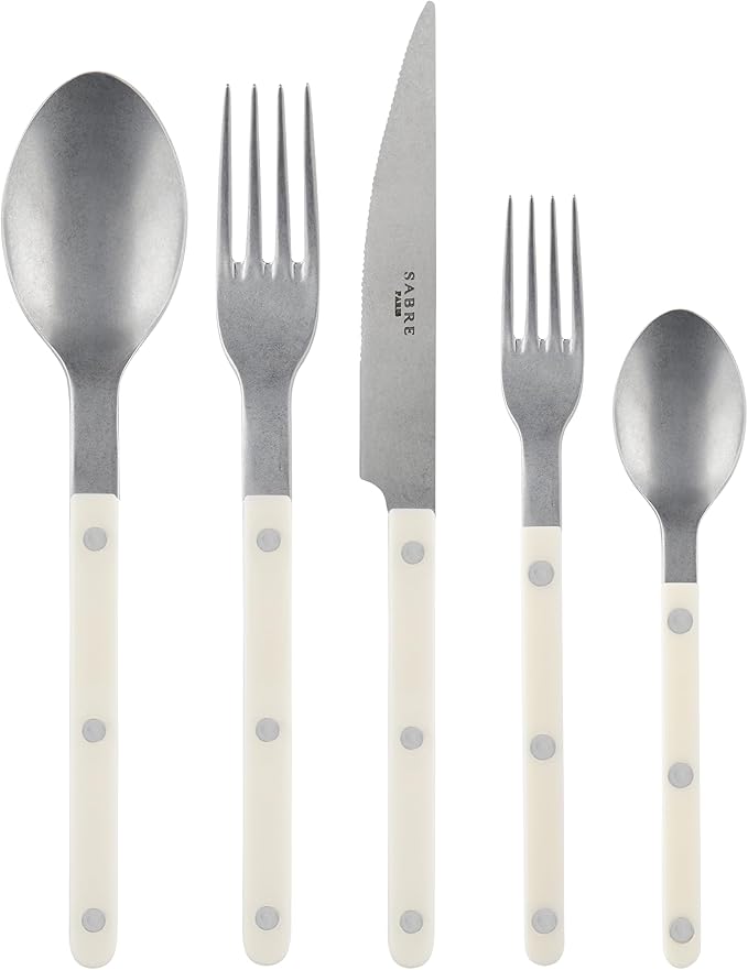 SABRE PARIS - 5-Piece Flatware Set - Bistrot Vintage Collection - Knife, Fork, Soup Spoon, Teaspoon & Dessert Fork - Stainless Steel & Nylon - Dishwasher Safe - Ivory - Mat Finish