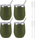 12 oz Insulated Wine Tumbler with Lid and Straw,Stainless Steel Stemless Wine Tumbler Glasses Double Wall Vacuum Wine Cups Tumbler Bulk for Coffee,Champaign,Office(Navy Green,4)
