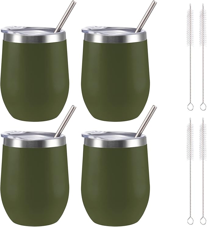 12 oz Insulated Wine Tumbler with Lid and Straw,Stainless Steel Stemless Wine Tumbler Glasses Double Wall Vacuum Wine Cups Tumbler Bulk for Coffee,Champaign,Office(Navy Green,4)