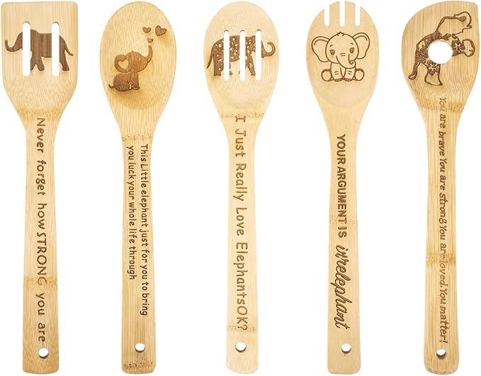 5PCS Elephant Wooden Cooking Spoons Elephant Gifts Elephant Decor Elephant Gifts for Women Elephant Kitchen Decor Premium Quality Housewarming Wedding Cooking Bamboo Cooking Spoons for Everyday Use