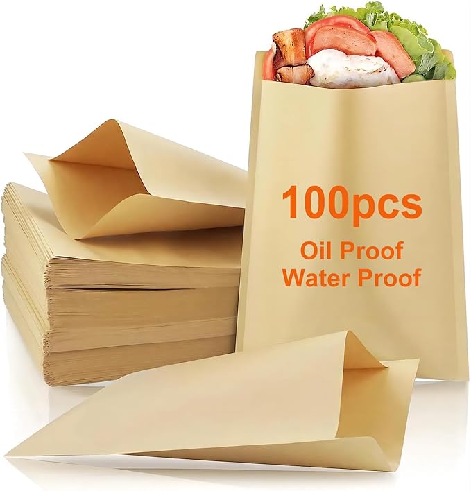 Small Sandwich Bags, oil proof and water proof Paper Snack Bag,Donut Bags To Go, 100 Pcs Small Bakery Paper Bags for Treat, Snack, Cookie Packaging, Brown(12cm*16cm)