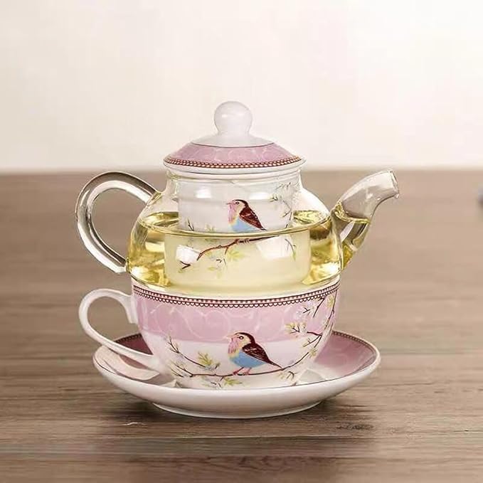 Tea for One Set, Glass Teapot with Porcelain Infuser Strainer and Cup & Saucer- Happy Bird Pattern (Pink)