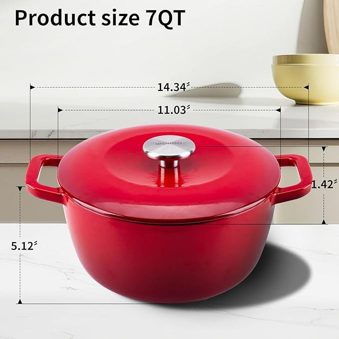 Enamel Cast Iron Dutch Oven with Lid,Dual Handles,Heavy-Duty Cookware for Sourdough Bread Baking,Braising,Stews,Roasting,Oven Safe up to 500° F,7QT,red