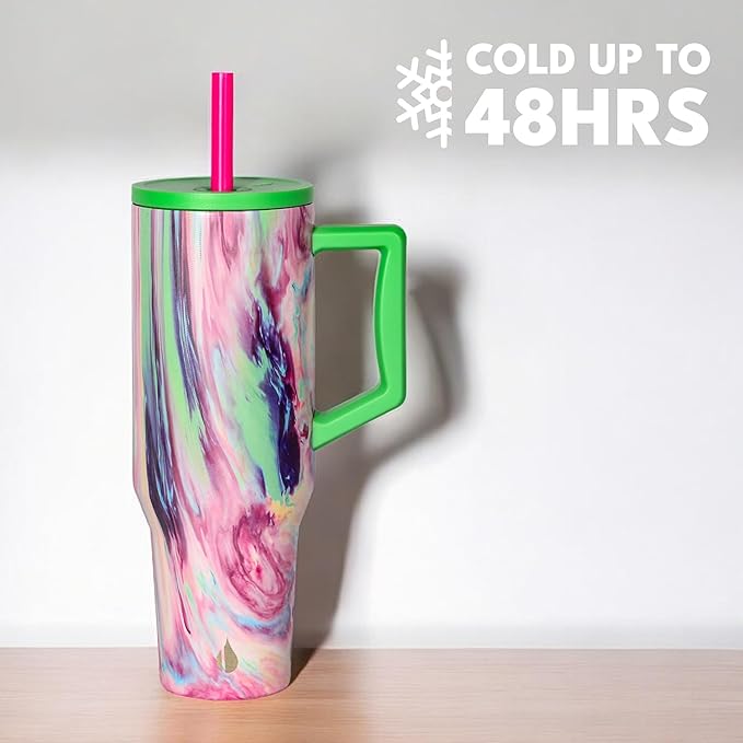 Elemental 40 oz Tumbler with Handle and Straw - Spill Proof Insulated Stainless Steel Commuter for Hot and Cold Beverages - Travel Coffee Mug with 2 Straws & Spill Proof Lid - 40oz - Aurora Dream