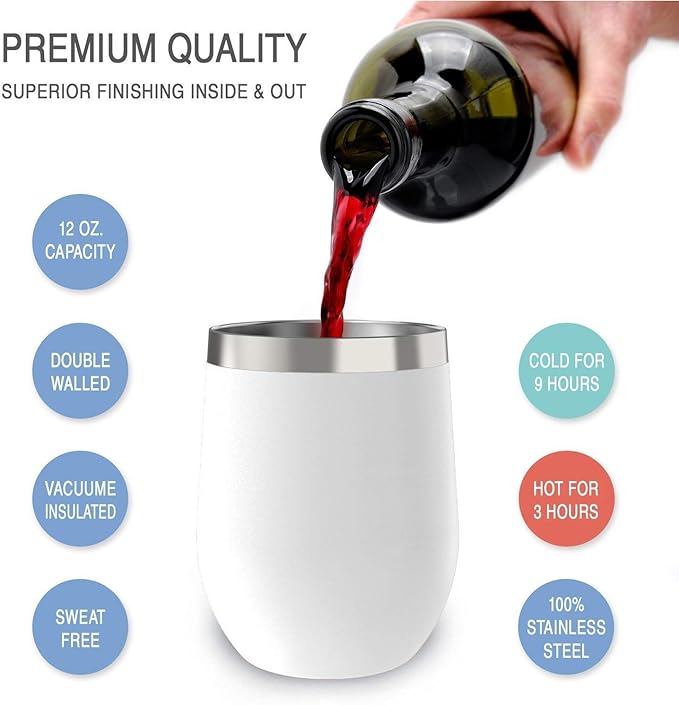 CHILLOUT LIFE 12 oz Stainless Steel Wine Tumblers 2 Pack - Double Wall Vacuum Insulated Wine Glasses Cups with Lids and Straws Set Keeping Cold & Hot for Coffee, Beer, Ice Cream - Powder Coated White