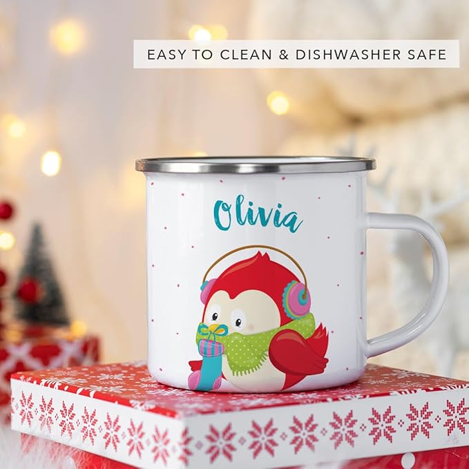 Andaz Press Personalized Name 11oz. Kids Christmas Hot Chocolate Stainless Steel Campfire Coffee Mug, Festive Red Owl, 1-Pack, Custom Child’s Birthday Xmas Cup